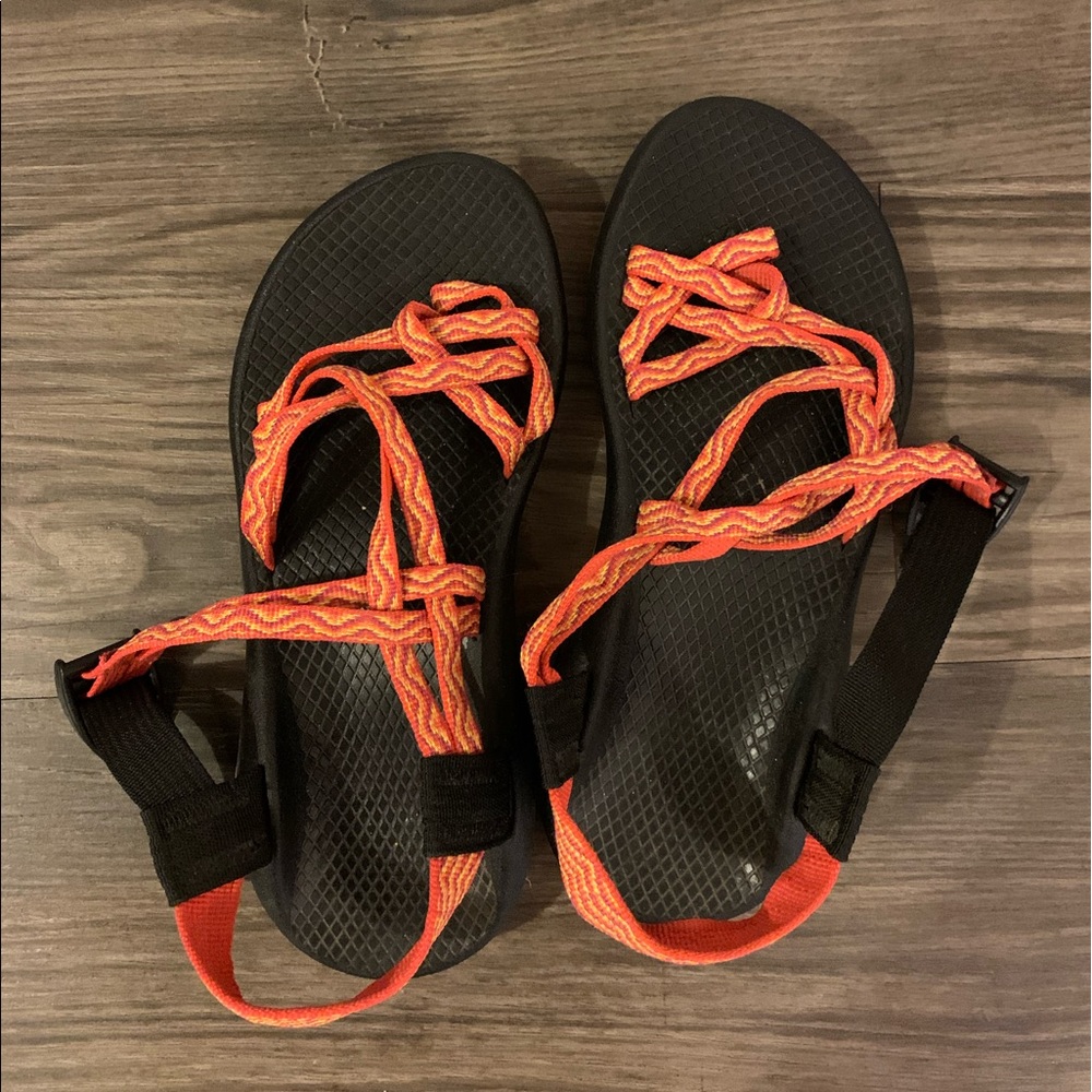 Orange and Black Chacos